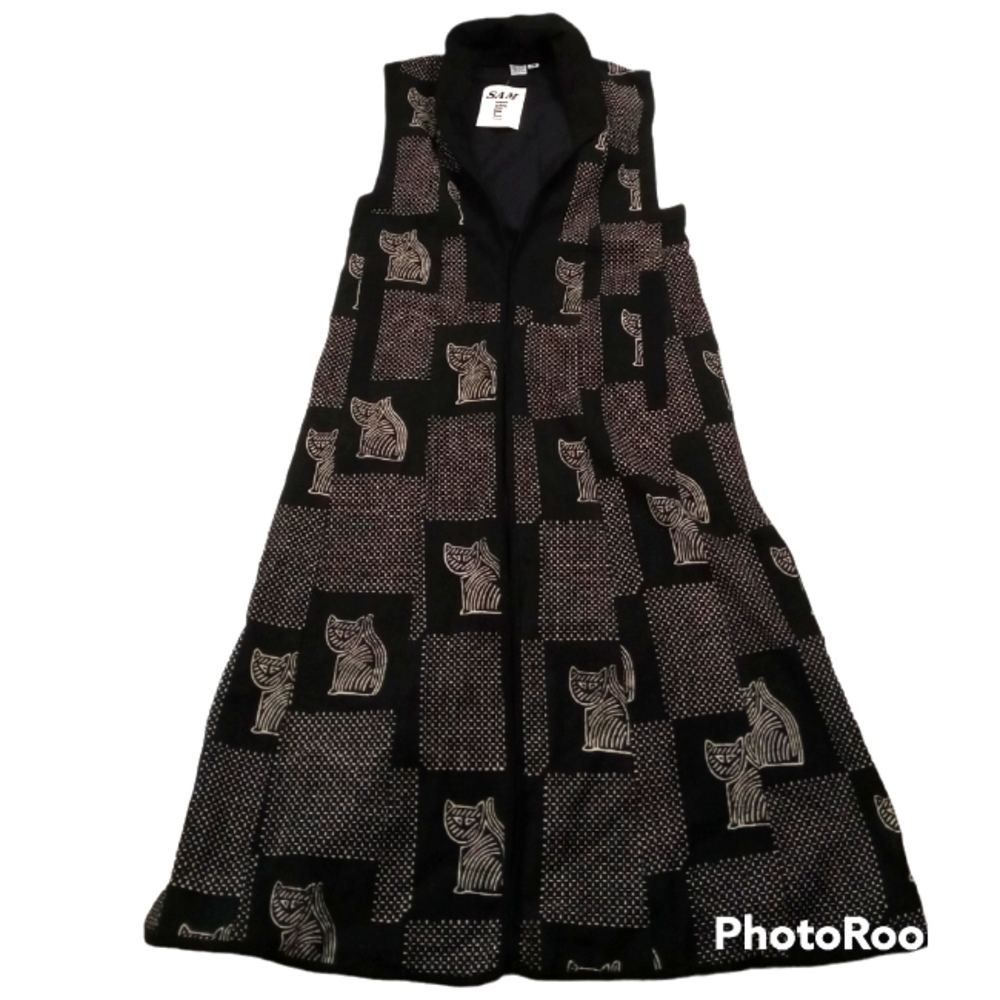 Sam Hilu African Cat Style Art to Wear Print Long Cotton Vest Coat S/M